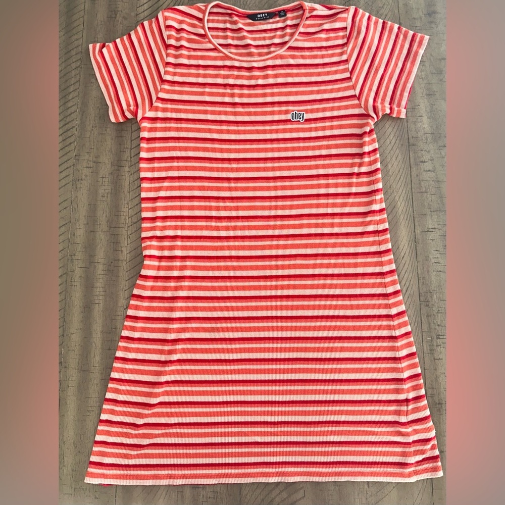 Obey NWOT T-Shirt Dress - Stripes - Red Pink Coral